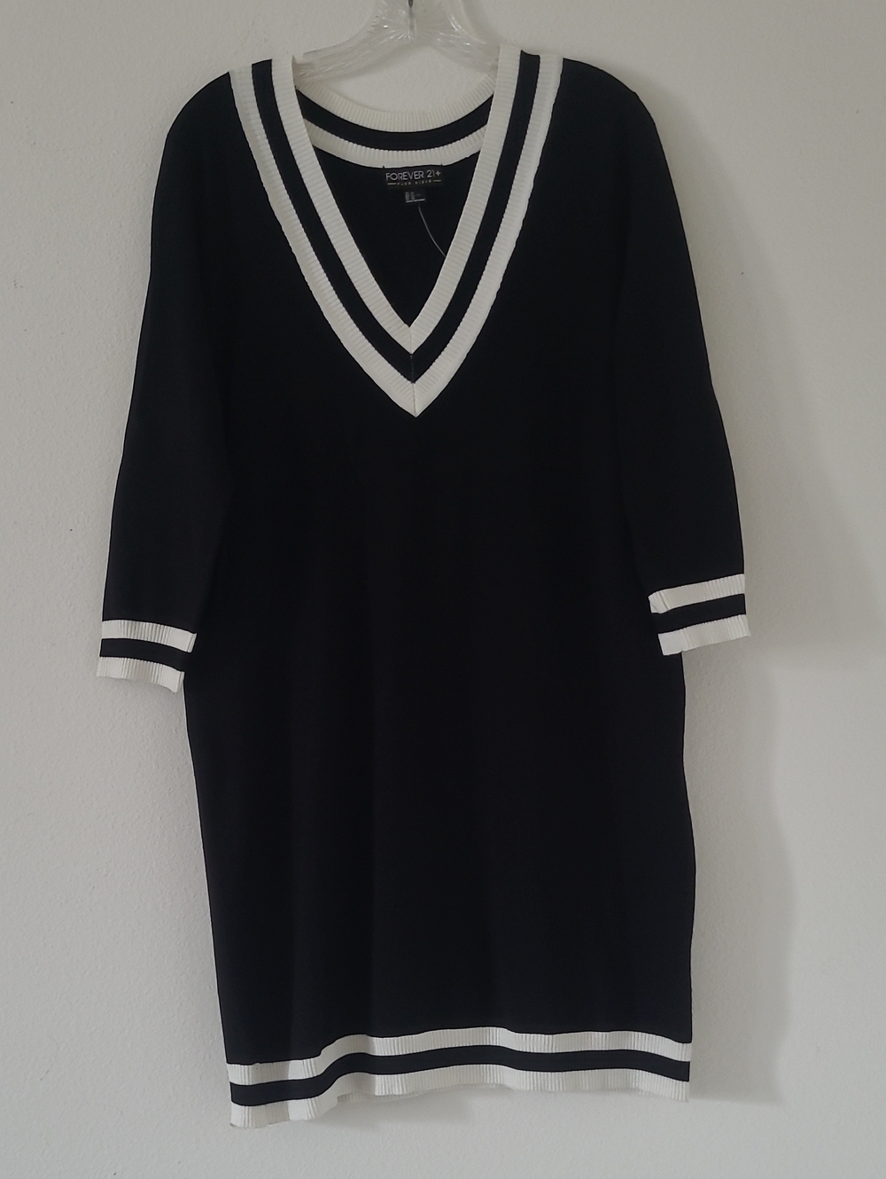 Forever 21 Black V-Neck Sweater Dress with White Stripe Trim